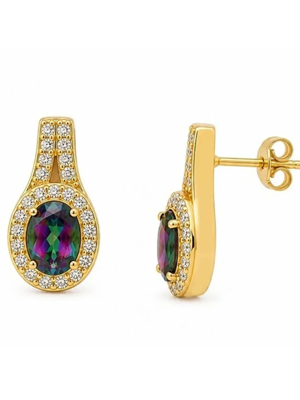 Created Mystic Topaz & W/Sapphire Stud Earrings 14k Yellow Gold Plated(.925)